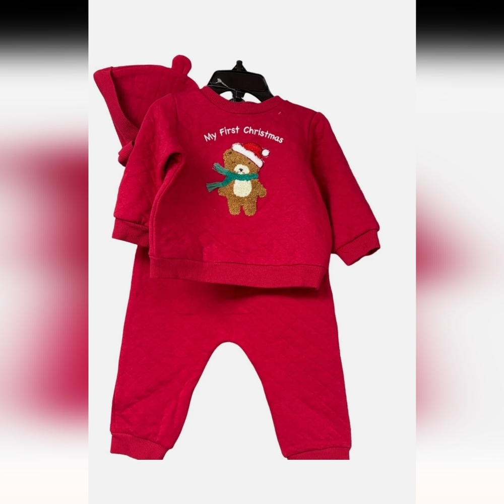 My First Christmas Quilted Crew Neck Set Jogger Set with Eared Hat  New with Tag